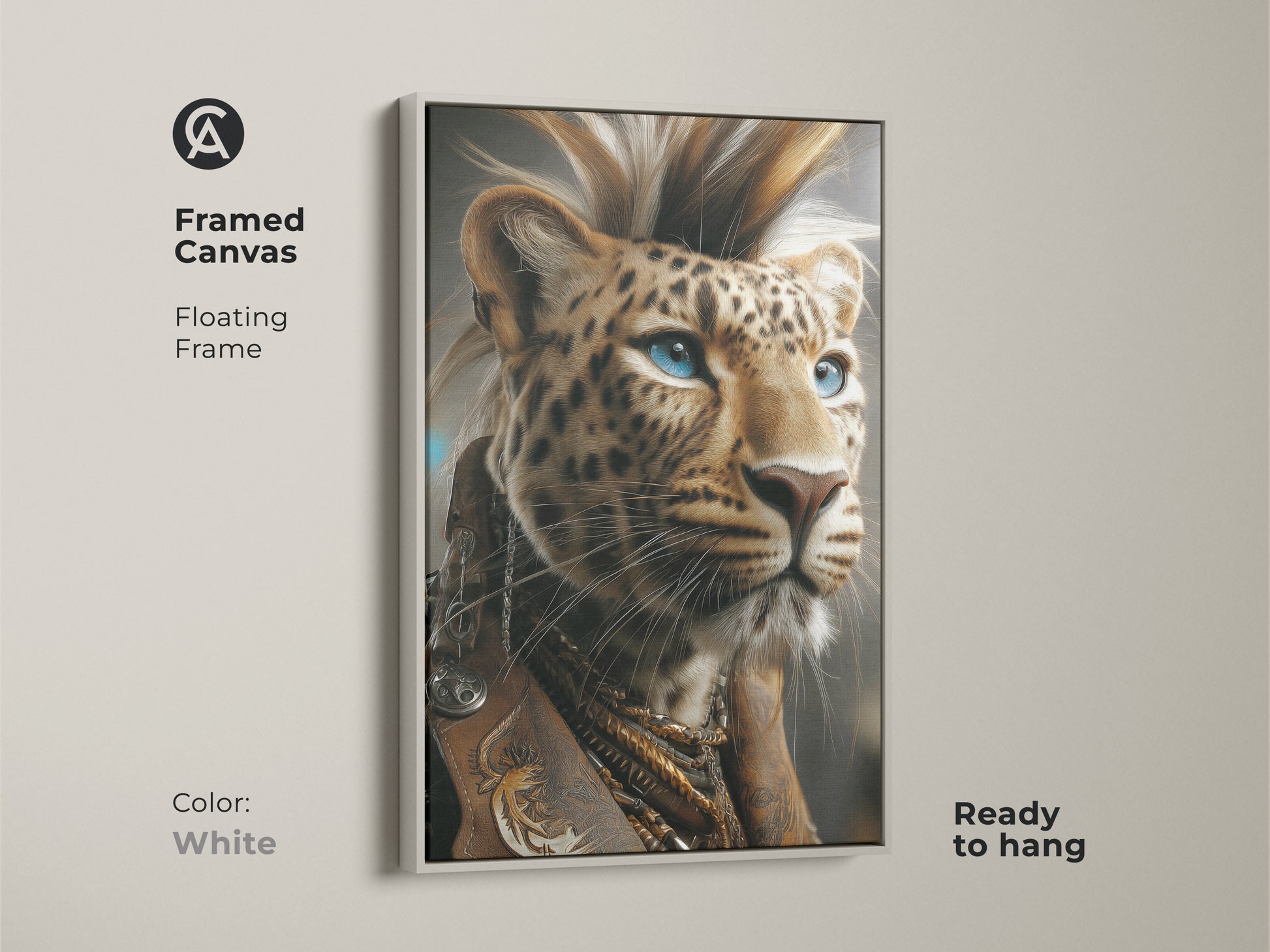 White framed version of the fantasy Leopard Canvas. This framed canvas is ready to hang. The wild cat artwork can add an edgy touch to your eclectic space. A unique animal artwork.