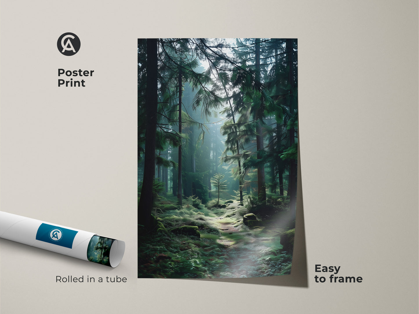 A rolled poster print shows a lush forest path print. It's an easy-to-frame natural landscape print. Featuring deep green evergreen trees. This serene forest scene is perfect as cabin decor wall art.
