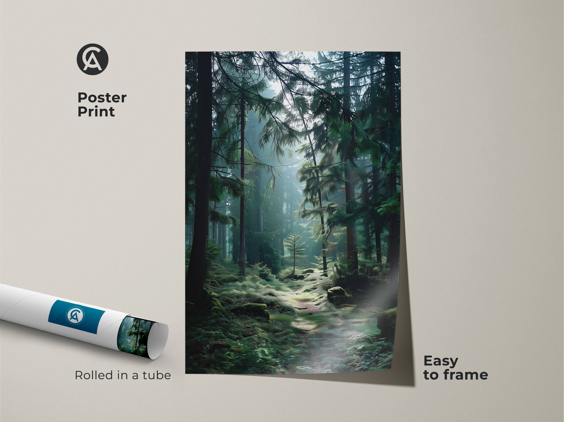 A rolled poster print shows a lush forest path print. It's an easy-to-frame natural landscape print. Featuring deep green evergreen trees. This serene forest scene is perfect as cabin decor wall art.