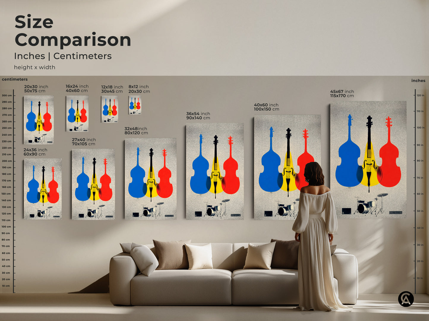 Size comparison of cello and drum set artwork. See how the canvas print fits above a sofa for modern wall decor. Choose from various sizes for the abstract instrument graphic art. Visualize the blue yellow and red art in your living space. This is a unique musician gift and colorful music print.
