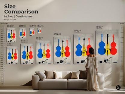 Size comparison of cello and drum set artwork. See how the canvas print fits above a sofa for modern wall decor. Choose from various sizes for the abstract instrument graphic art. Visualize the blue yellow and red art in your living space. This is a unique musician gift and colorful music print.