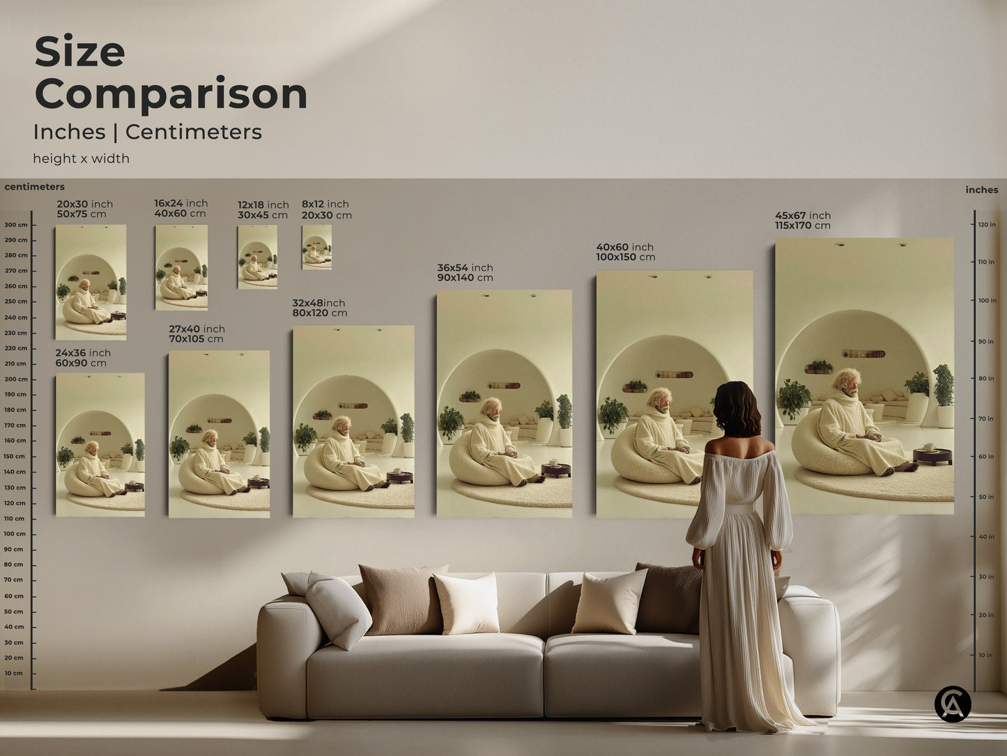 This size comparison displays various dimensions of wall art. It shows the Beige Cream Minimalist art print with an elderly man in meditation. See how the zen figure wall art fits above a couch. Choose from cream abstract art in multiple sizes. This modern minimalist art offers options for every room
