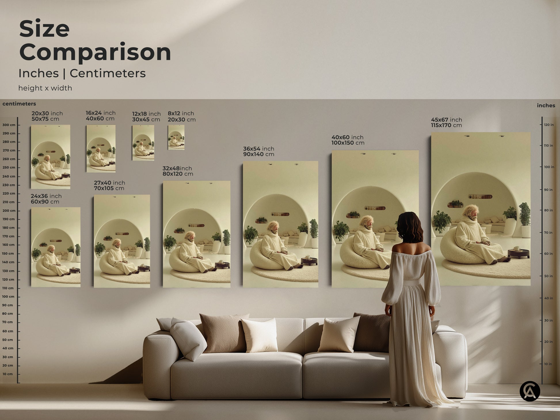 This size comparison displays various dimensions of wall art. It shows the Beige Cream Minimalist art print with an elderly man in meditation. See how the zen figure wall art fits above a couch. Choose from cream abstract art in multiple sizes. This modern minimalist art offers options for every room