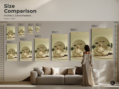 This size comparison displays various dimensions of wall art. It shows the Beige Cream Minimalist art print with an elderly man in meditation. See how the zen figure wall art fits above a couch. Choose from cream abstract art in multiple sizes. This modern minimalist art offers options for every room