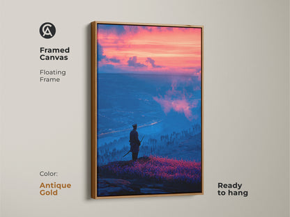 This framed canvas features a cinematic sunset landscape. The antique gold floating frame enhances the traditional Japanese art. A unique piece of wall decor this artwork is perfect for those who appreciate historical themes and dramatic flair.