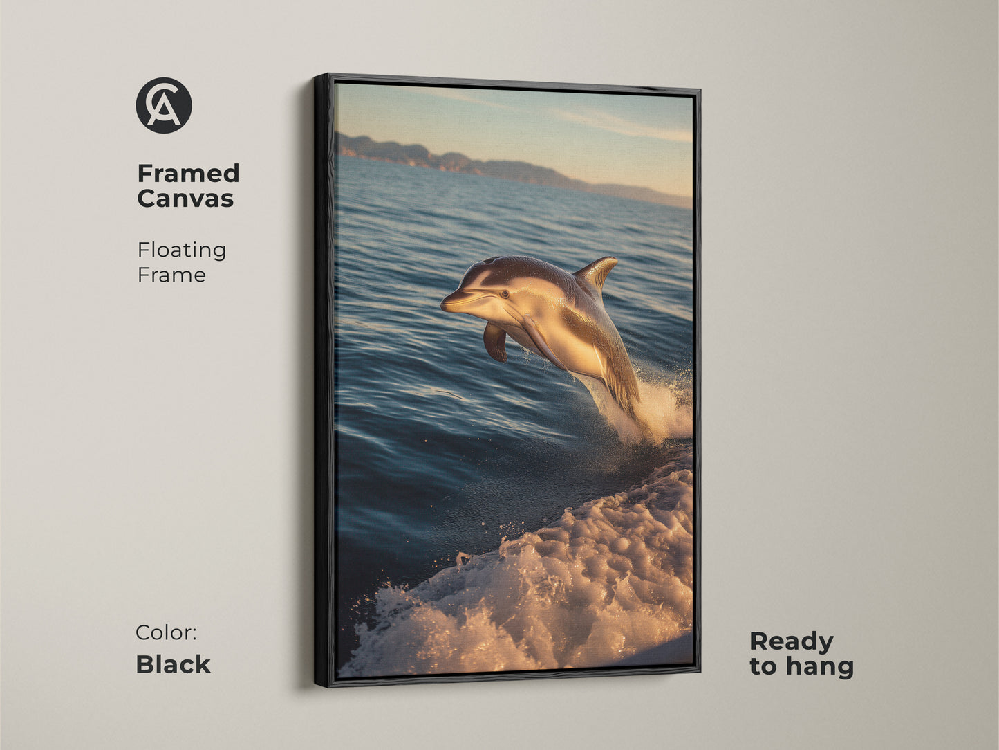 Framed canvas art of a dolphin leaping from teal blue ocean waves with a floating black frame. This coastal artwork is ready to hang. The realistic ocean print brings the serenity of the sea into your home. Perfect for coastal living room art.