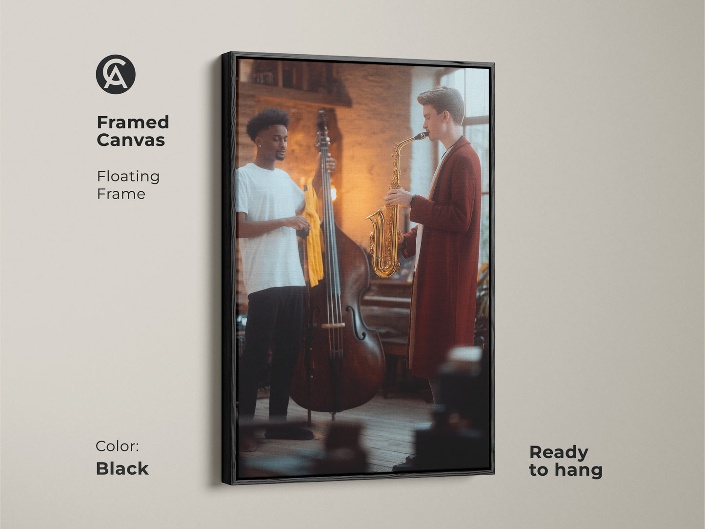 This framed canvas showcases a saxophonist and double bass player in a contemporary jazz artwork. Its floating frame enhances its ready-to-hang status. The fine art music scene is ideal as music room decor wall art. A great modern musician gift in black.