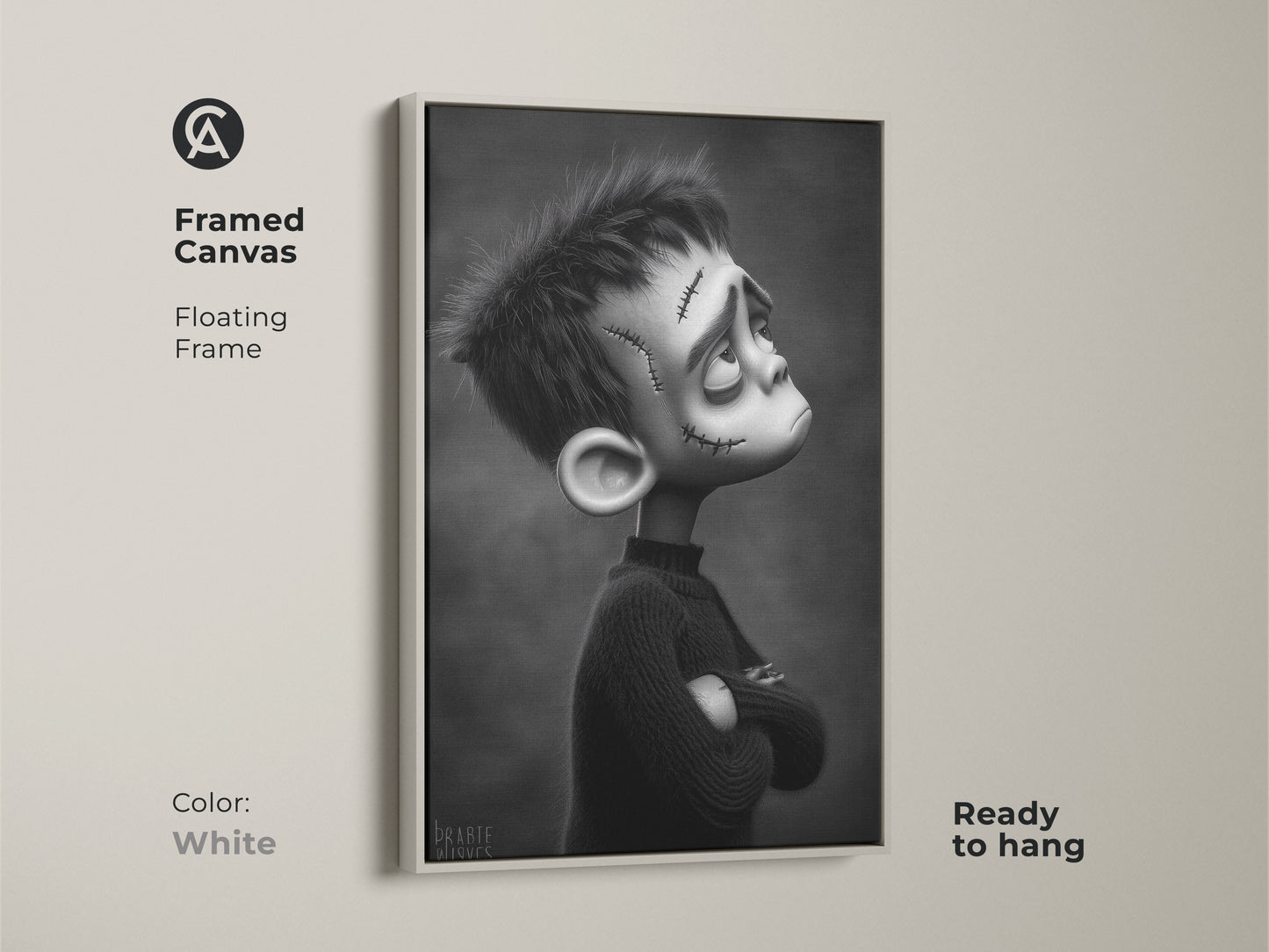 Framed canvas with a floating frame in white featuring a gothic Frankenstein boy. This ready-to-hang artwork is a unique gift. The black and white monster illustration complements eclectic home decor.