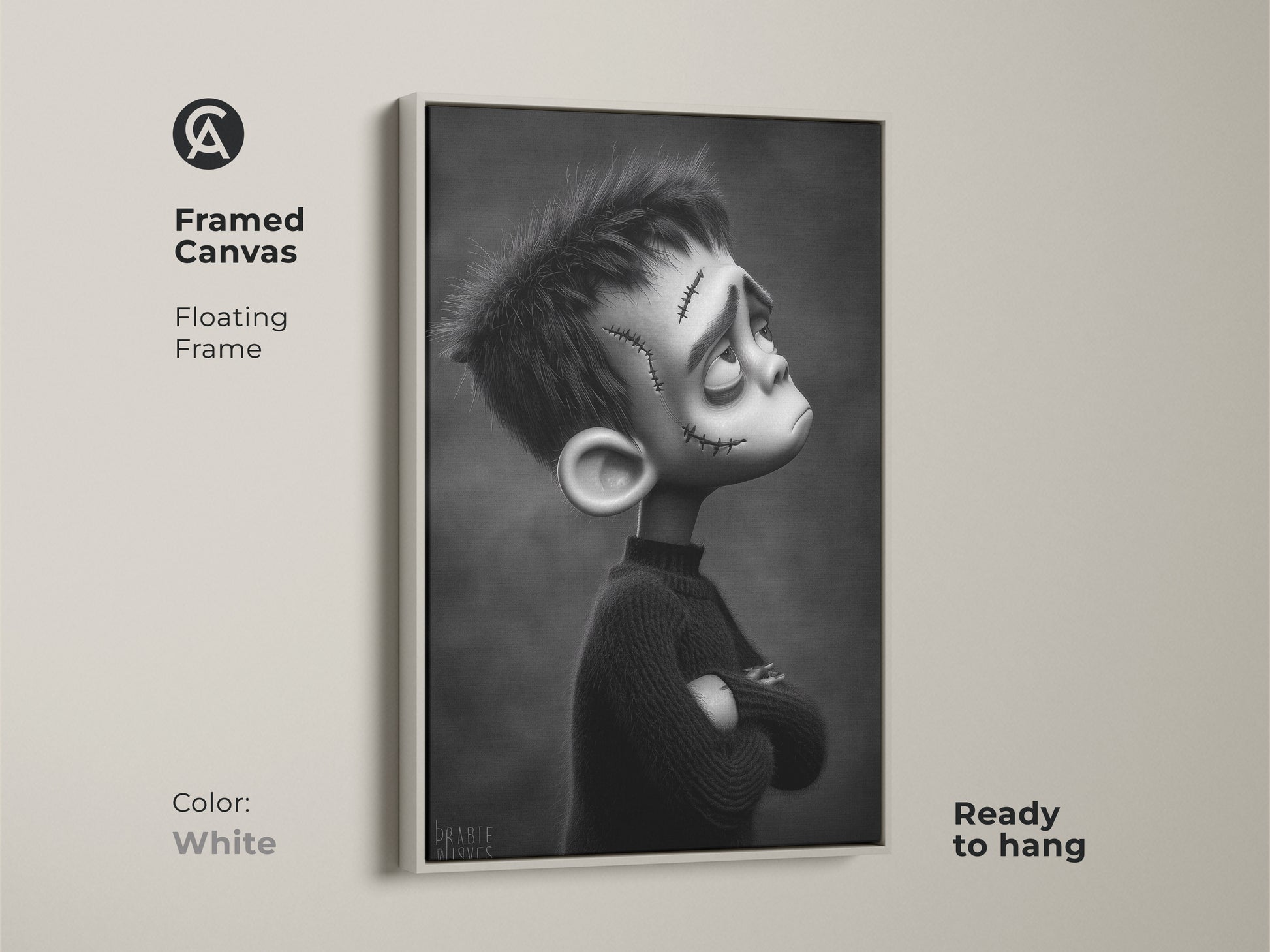 Framed canvas with a floating frame in white featuring a gothic Frankenstein boy. This ready-to-hang artwork is a unique gift. The black and white monster illustration complements eclectic home decor.