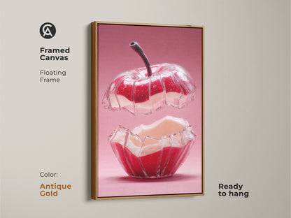 Framed canvas featuring abstract red apple art. The antique gold floating frame enhances the modern kitchen wall art. This contemporary home decor is ready to hang. A surreal pink artwork adding a unique touch. A perfect foodie gift for a stylish kitchen.