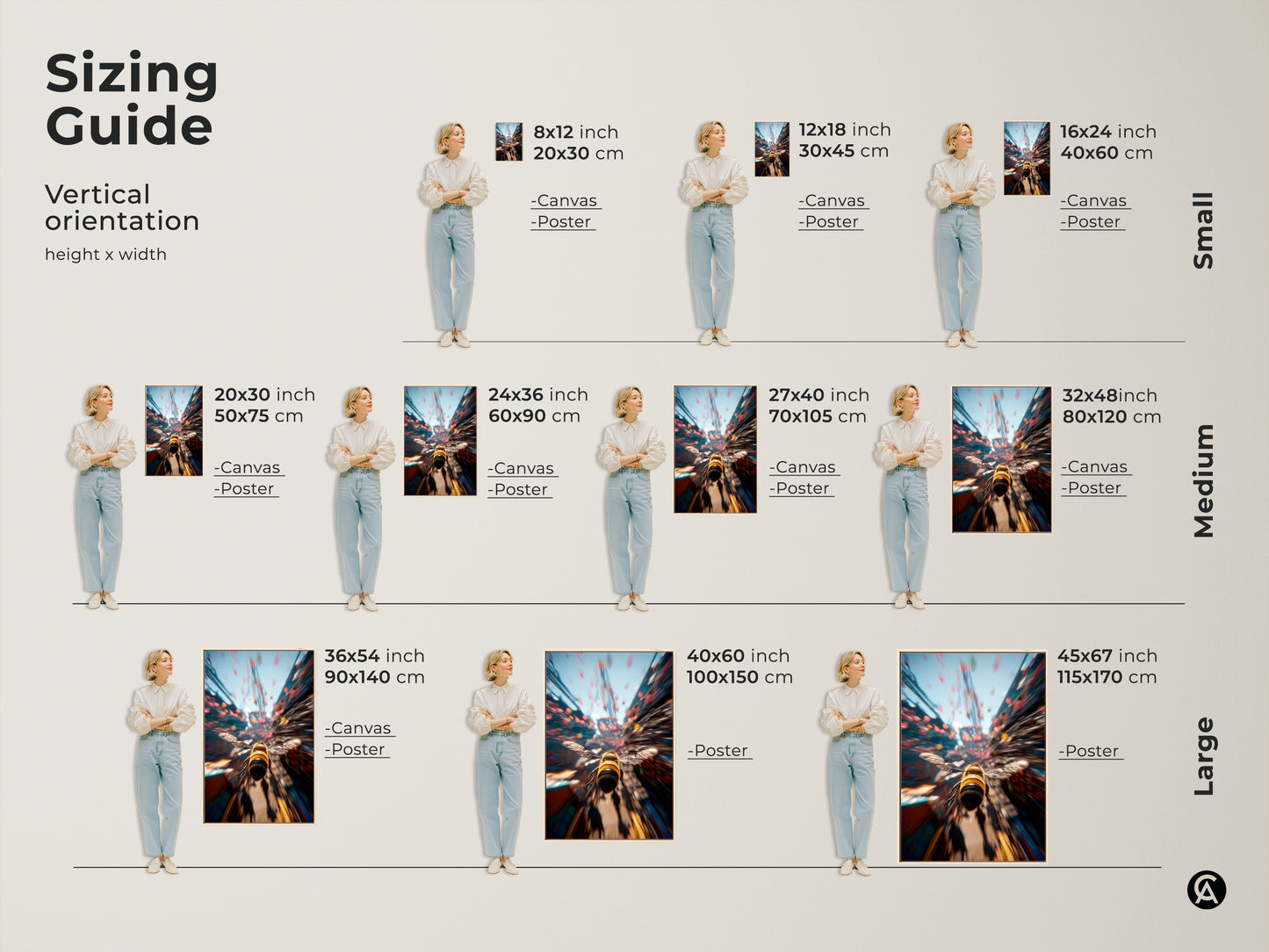 Sizing guide showing vertical orientation options for bee art. Find the ideal size for your space. Available in canvas and poster prints. Customize your art to fit your unique style and room dimensions.