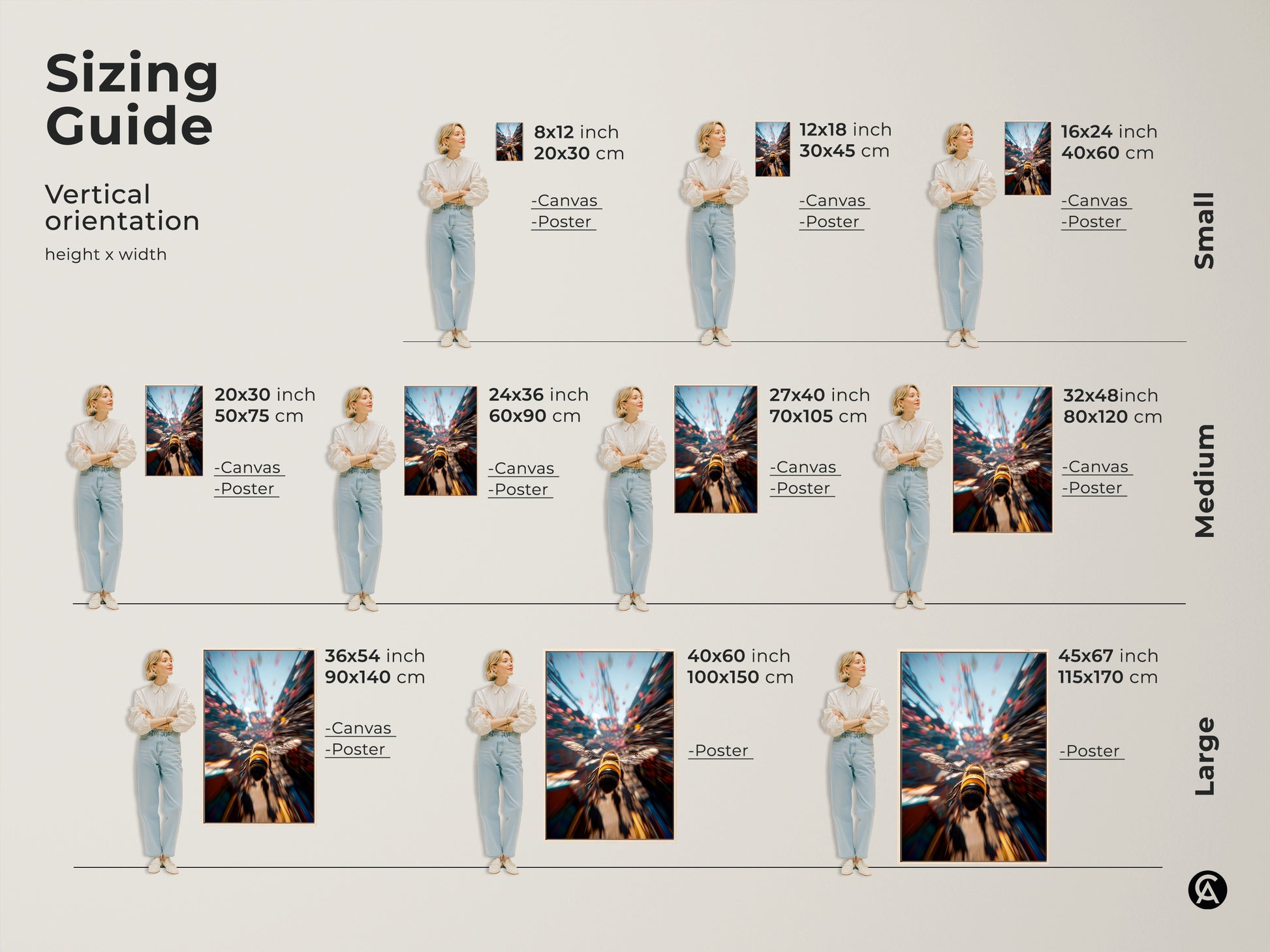 Sizing guide showing vertical orientation options for bee art. Find the ideal size for your space. Available in canvas and poster prints. Customize your art to fit your unique style and room dimensions.