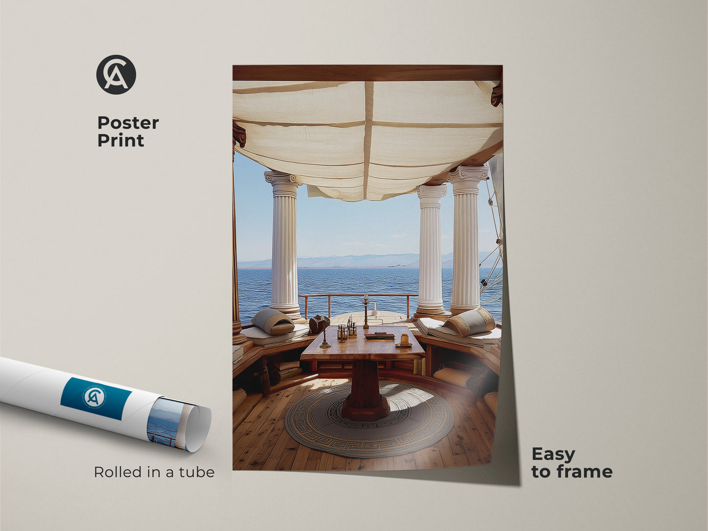Poster Print of Mediterranean Canvas Art rolled in a tube. Classical Columns Print of an Ocean View. Tan and Blue Art Decor for a Study Room is easy to frame. Travel Lover Gift.