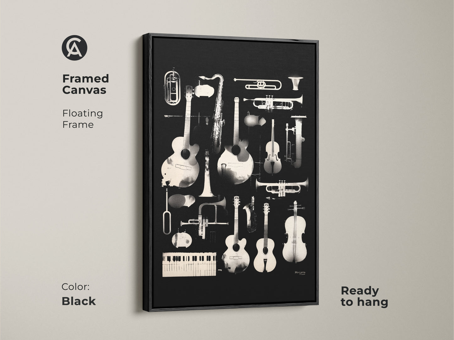 Black framed canvas art displaying a collection of musical instruments. Guitars saxophones and trumpets are featured in the artwork. This ready-to-hang canvas adds a touch of musical elegance to your home decor. The floating frame enhances its visual appeal