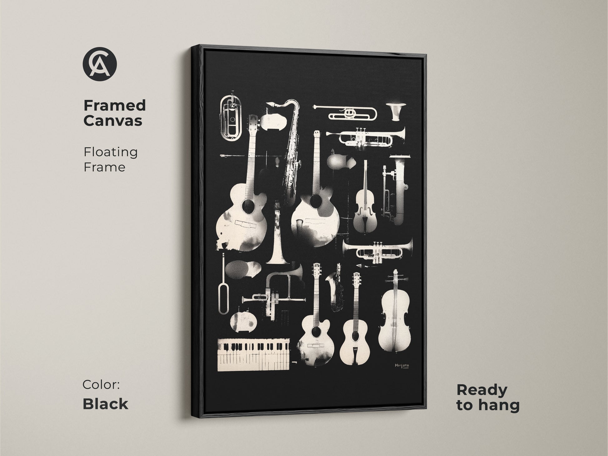 Black framed canvas art displaying a collection of musical instruments. Guitars saxophones and trumpets are featured in the artwork. This ready-to-hang canvas adds a touch of musical elegance to your home decor. The floating frame enhances its visual appeal