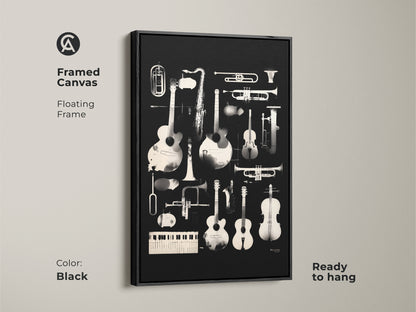 Black framed canvas art displaying a collection of musical instruments. Guitars saxophones and trumpets are featured in the artwork. This ready-to-hang canvas adds a touch of musical elegance to your home decor. The floating frame enhances its visual appeal