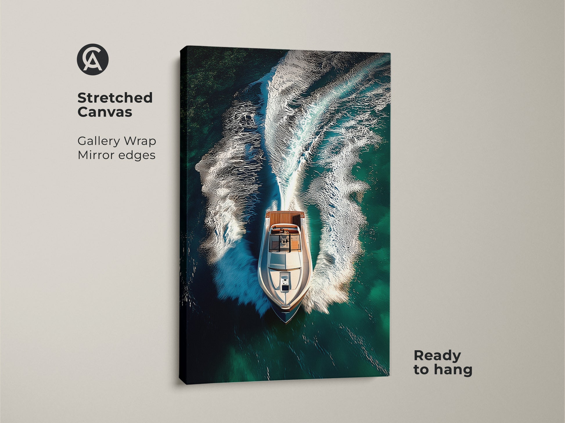 Stretched canvas of a speedboat cutting through deep teal water. This aerial artwork showcases a gallery wrapped canvas with mirrored edges ready to hang. Ideal contemporary water sports decor for boat enthusiasts. The dynamic white wake contrasts beautifully with the ocean.