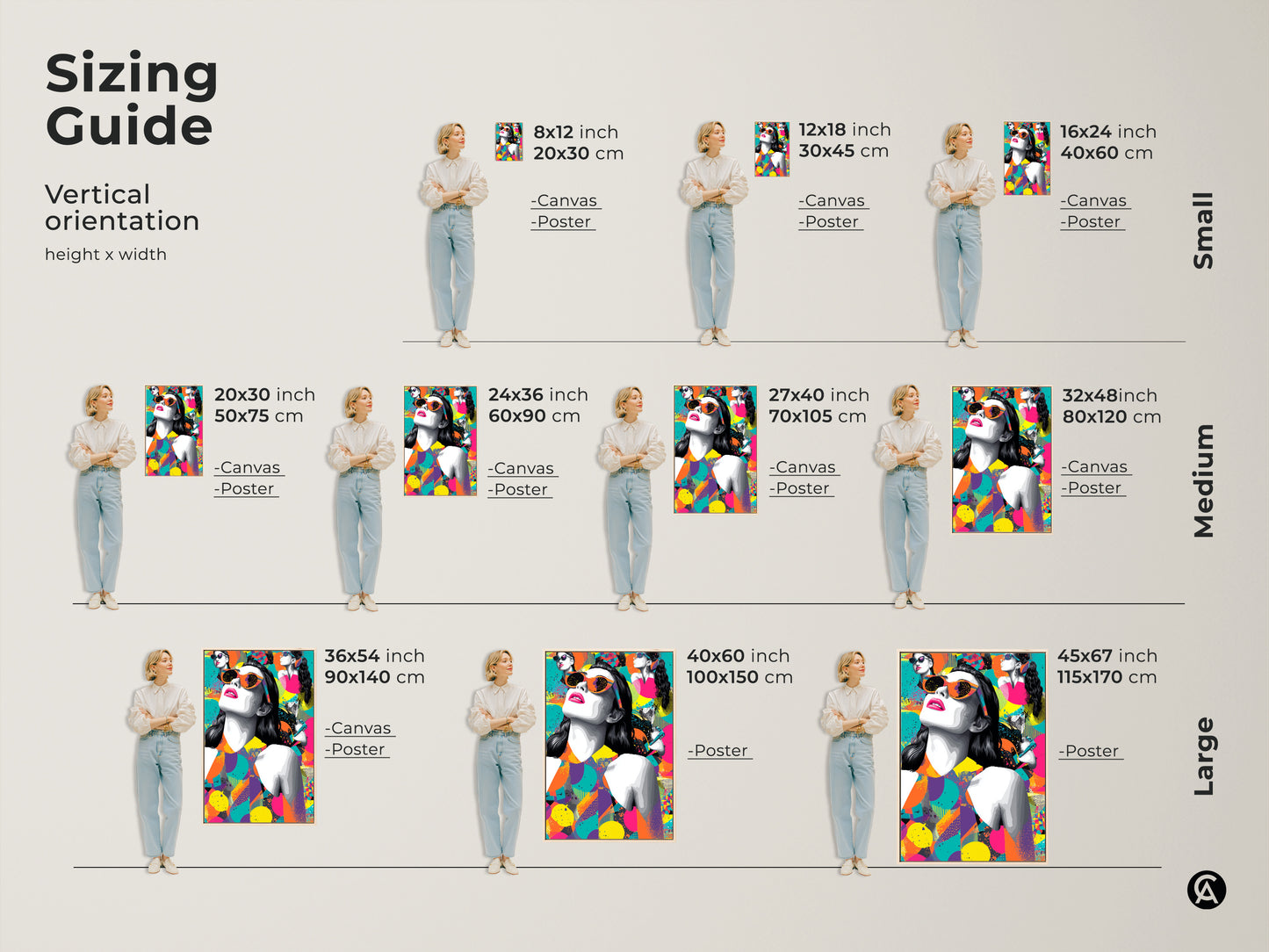 Sizing guide for the vertical pop art woman canvas. Available in small medium and large sizes. Find the perfect fit for your space. This eclectic abstract art features a retro style.