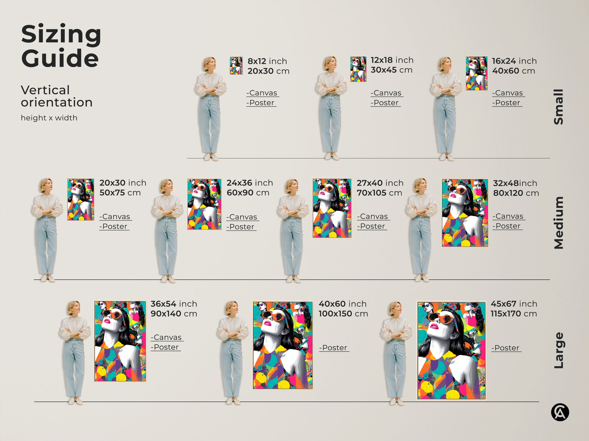 Sizing guide for the vertical pop art woman canvas. Available in small medium and large sizes. Find the perfect fit for your space. This eclectic abstract art features a retro style.