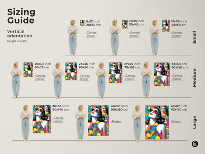 Sizing guide for the vertical pop art woman canvas. Available in small medium and large sizes. Find the perfect fit for your space. This eclectic abstract art features a retro style.