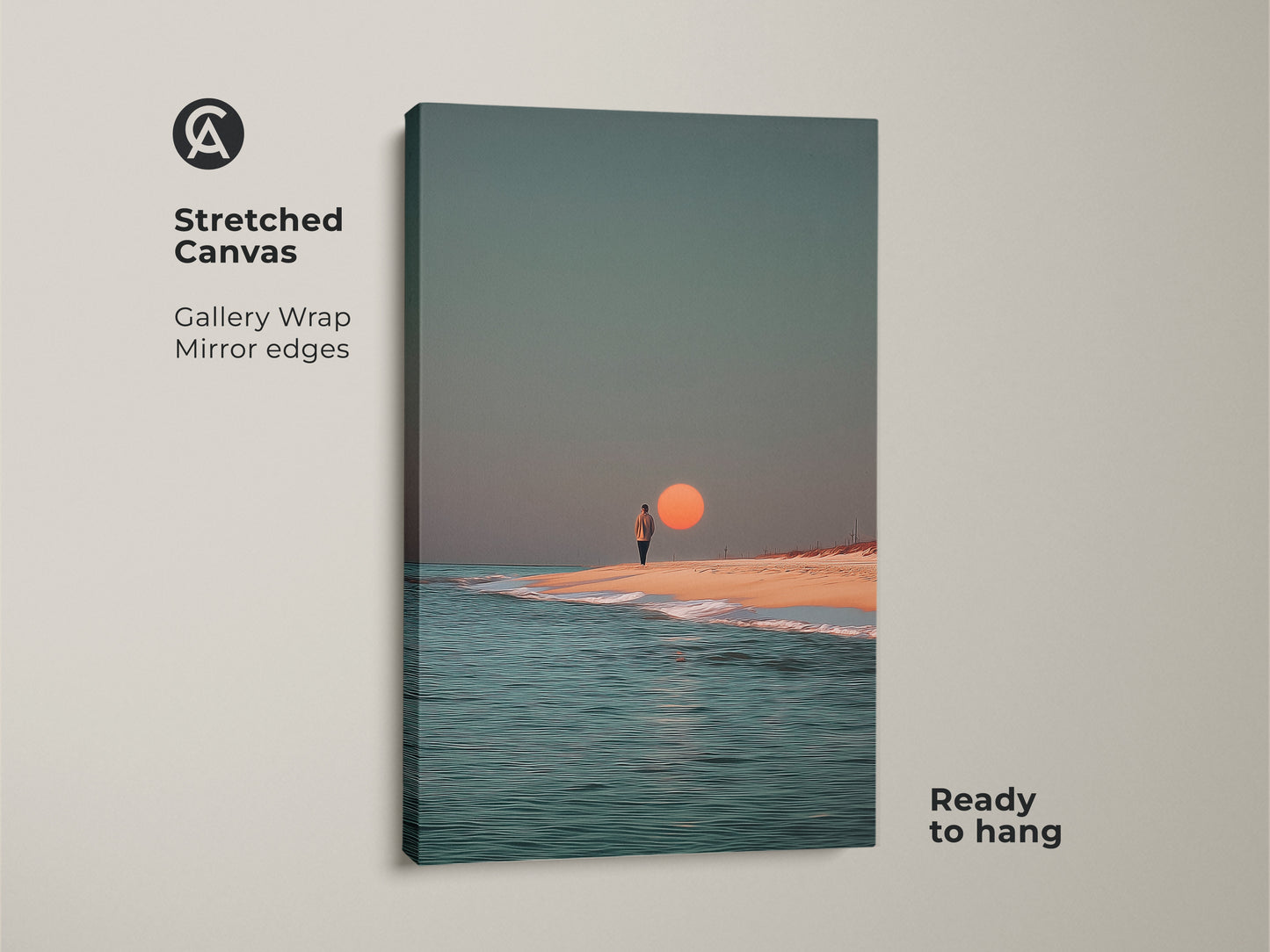 This stretched canvas print showcases minimalist beach wall art. The surreal ocean canvas print shows a person silhouetted against a sunset. It's ready to hang with gallery wrapped edges. Ideal coastal artwork for modern home wall decor.