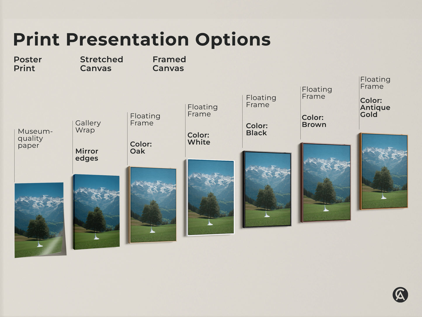 Explore presentation options for this cinematic mountain art print. Choose a poster print stretched canvas or a framed canvas. The fine art landscape canvas shows a bride figure. Pick museum quality paper gallery wrap or floating frame. Select from oak white black brown or antique gold colors for a unique look. Find the perfect style for your space.