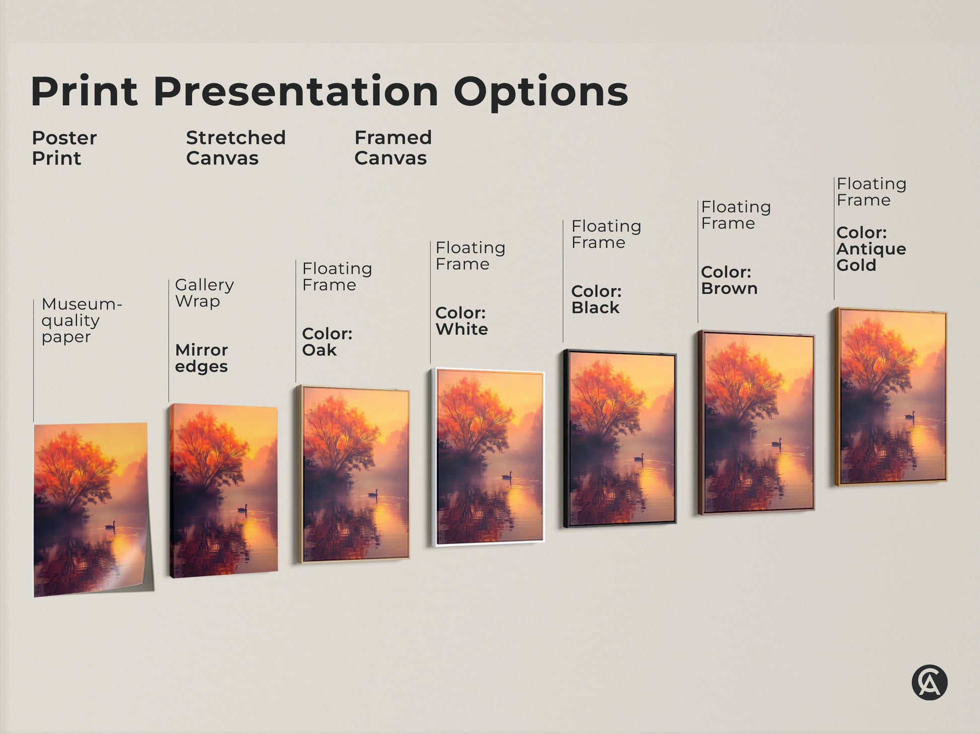 Explore our print presentation options. Choose from poster prints to stretched canvas and framed canvas artwork. Each features a serene lake scene with a swan at sunset. Find the perfect museum-quality paper art to elevate your home decor. Shop now for stunning wall art.
