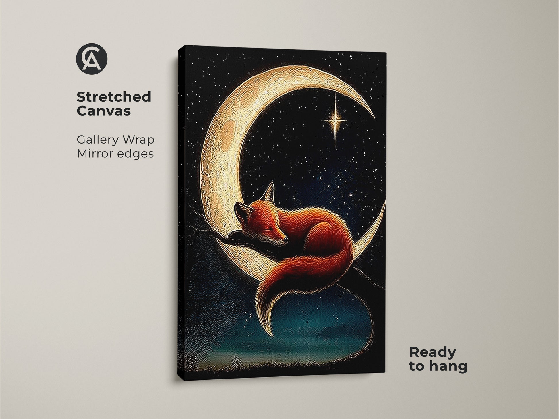 Stretched canvas gallery wrap print of a celestial fox wall art. This features a fox sleeping on a moon. The artwork has mirror edges and is ready to hang. The golden yellow and blue palette adds a dreamy touch.