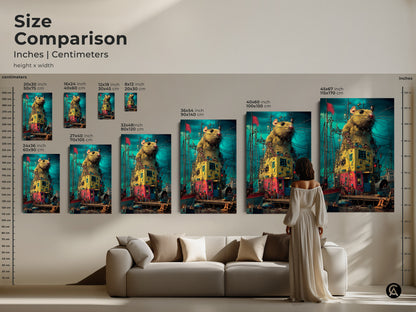 Compare the size of the steampunk rat artwork across different canvas dimensions. This unique animal print features a surreal harbor. Ideal for adding a touch of fantasy and industrial art to any room. Visualize how it fits with your living room decor.