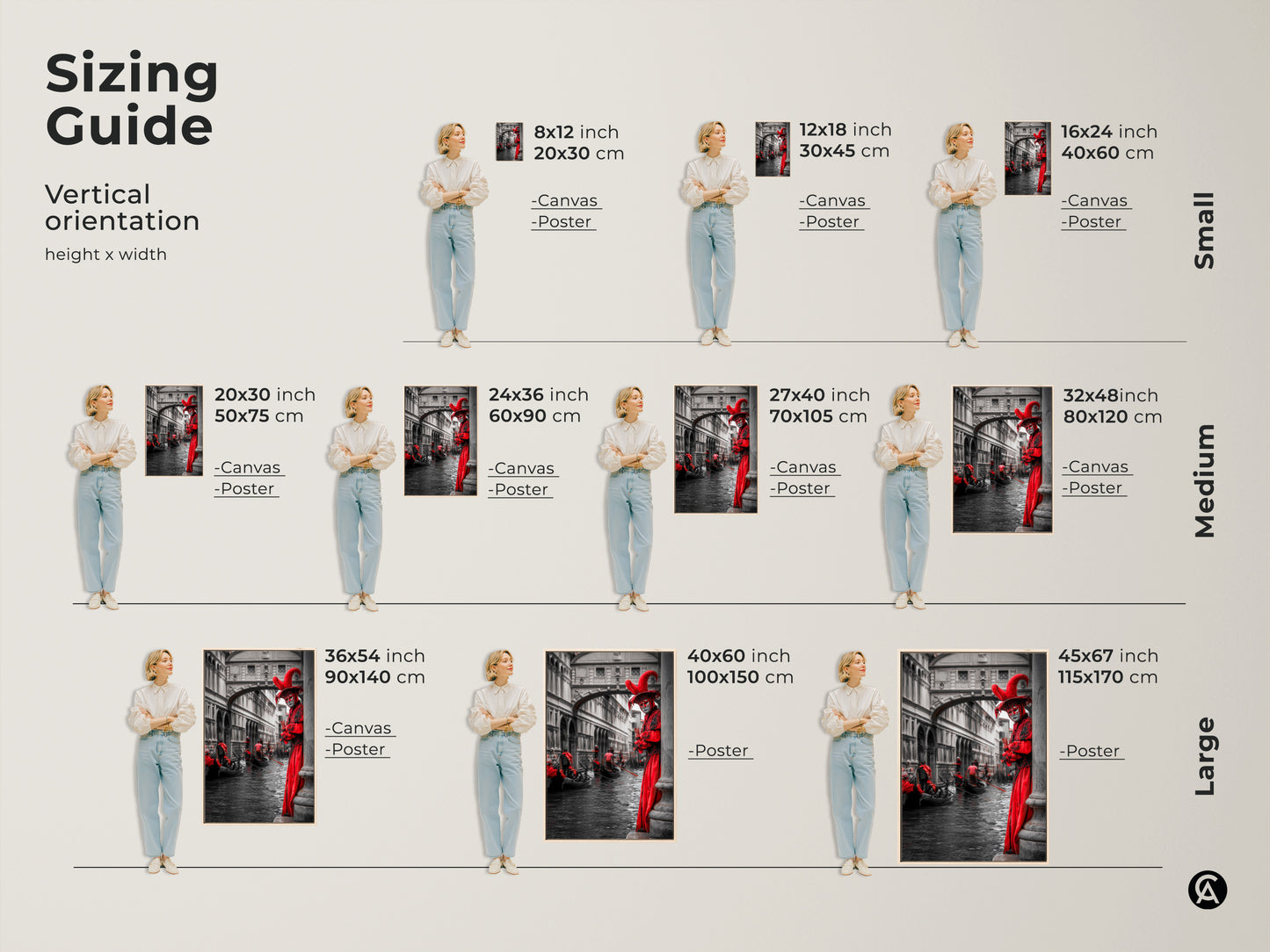Sizing guide for Venetian masquerade prints. Vertical orientation. See how different sizes fit in your space. Available as canvas or poster in multiple sizes. From small to large this artwork enhances any room.