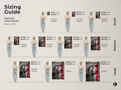 Sizing guide for Venetian masquerade prints. Vertical orientation. See how different sizes fit in your space. Available as canvas or poster in multiple sizes. From small to large this artwork enhances any room.