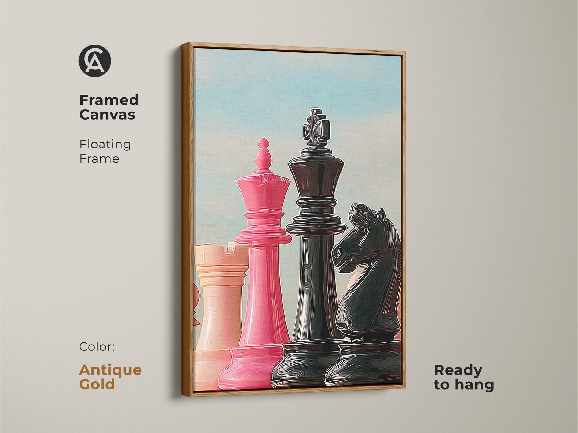 Framed canvas featuring pink King and Queen and black Knight chess pieces. It has an antique gold floating frame. This contemporary chess print is ready to hang. Perfect as wall art for an office desk or as a gift for strategists.