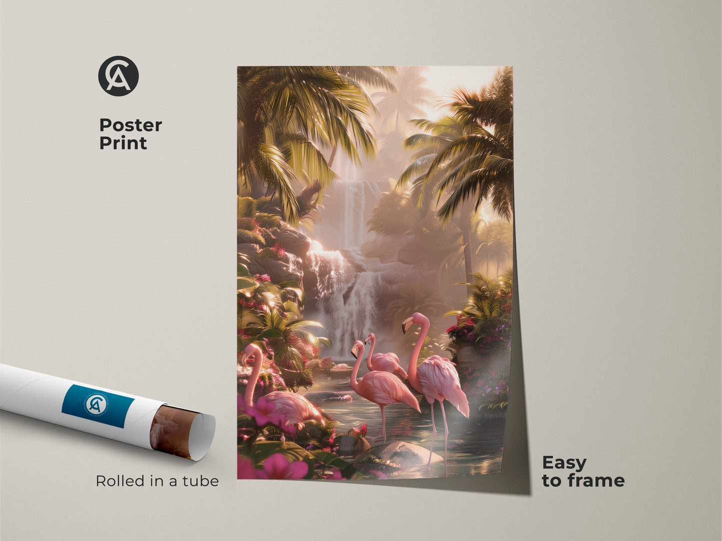 Poster print of pink flamingo art. Rolled in a tube and easy to frame. The art features a tropical waterfall. It's a boho jungle palm leaves print. Exotic bird wall hanging is perfect as a flamingo lover gift.