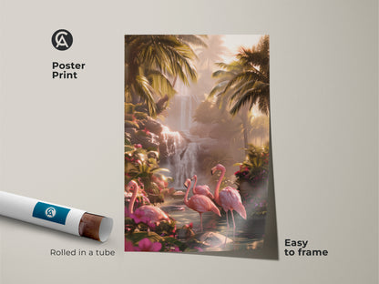 Poster print of pink flamingo art. Rolled in a tube and easy to frame. The art features a tropical waterfall. It's a boho jungle palm leaves print. Exotic bird wall hanging is perfect as a flamingo lover gift.