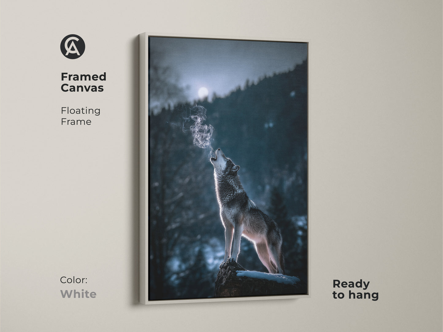 Framed canvas showcasing a wolf howling. It is set against a blue gray forest backdrop. The floating frame is white. This rustic wildlife artwork is ready to hang. It's a great gift for nature enthusiasts. It brings an atmospheric winter moon scene to any room.
