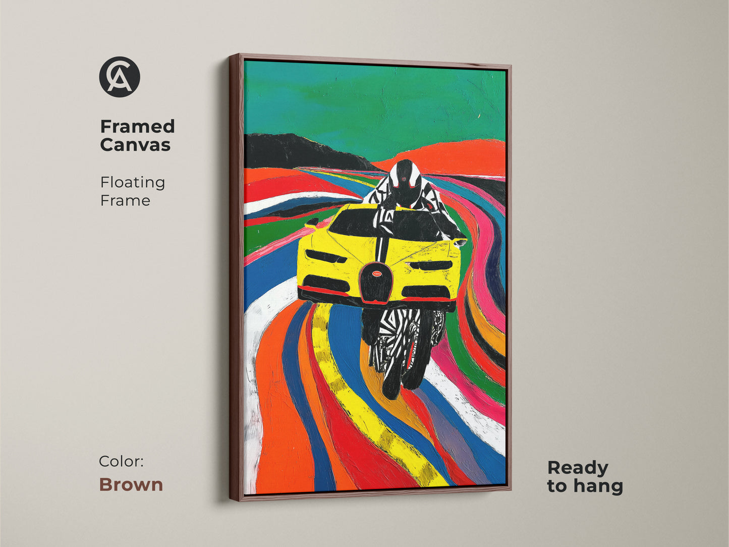 A framed canvas presents dynamic Yellow race car Pop artwork with a brown floating frame. Ready to hang it brings modern automotive art to your space. Ideal for motorsport fans this vibrant print adds a touch of speed to any room. The artwork's abstract style and bold colors make it a standout piece. Its perfect for adding energy to a garage wall or office.
