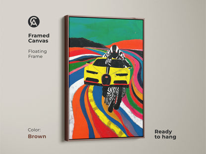 A framed canvas presents dynamic Yellow race car Pop artwork with a brown floating frame. Ready to hang it brings modern automotive art to your space. Ideal for motorsport fans this vibrant print adds a touch of speed to any room. The artwork's abstract style and bold colors make it a standout piece. Its perfect for adding energy to a garage wall or office.
