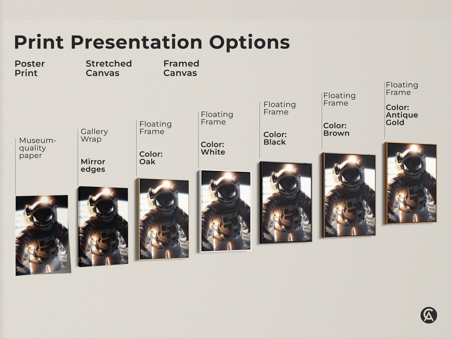 Print presentation options for space exploration art. See poster prints stretched canvas and framed canvas choices. Museum-quality paper and mirror edges are available. Choose your perfect astronaut artwork today.
