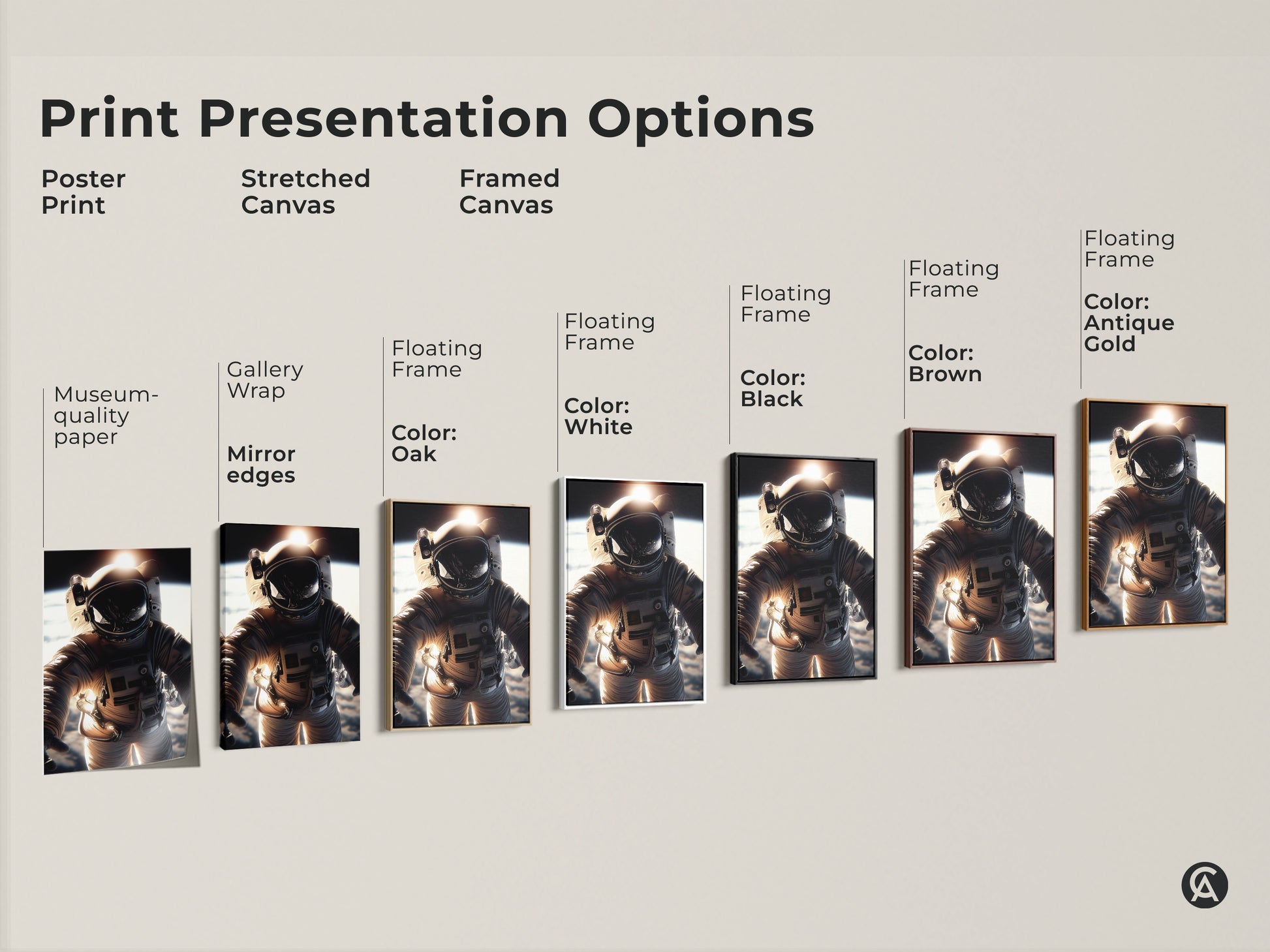Print presentation options for space exploration art. See poster prints stretched canvas and framed canvas choices. Museum-quality paper and mirror edges are available. Choose your perfect astronaut artwork today.