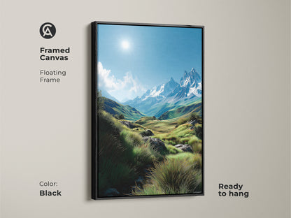 Framed canvas artwork featuring a serene mountain landscape with a black floating frame. This ready-to-hang piece adds sophistication to any space. Elevate your home decor with this elegant mountain art. The black frame enhances the artwork's beauty. 