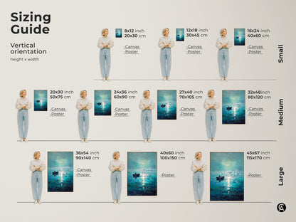 Sizing guide for vertical deep blue ocean canvas and poster art. Find the perfect fit for your space with options from small to large. Visualize the artwork in different sizes to enhance your coastal bedroom canvas or living room seascape.
