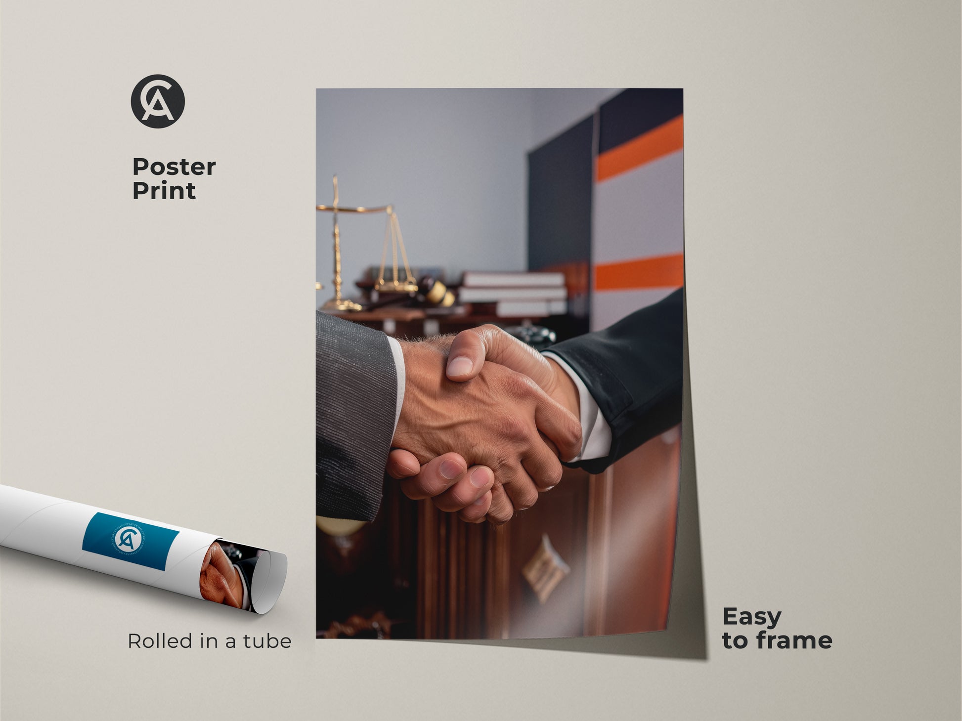 This poster print features a handshake symbolizing a business agreement. Ideal as lawyer gift art this print showcases scales of justice. Rolled in a tube this office wall art is easy to frame. Add sophisticated legal office artwork to your space. The contemporary art with dark brown and grey tones is perfect for a professional office.