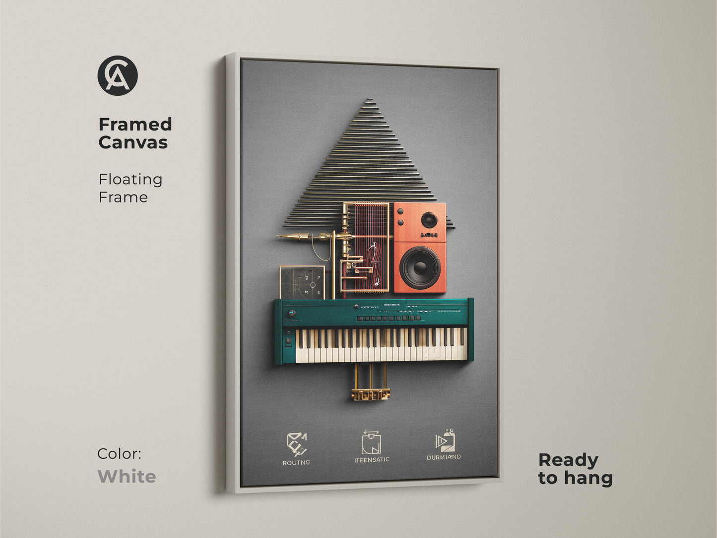 White framed canvas print of abstract music tech synthesizer art.  Geometric speaker art with teal orange and gold. Ideal for modern electronic art decor. This unique tech gift will enhance any music room or studio.