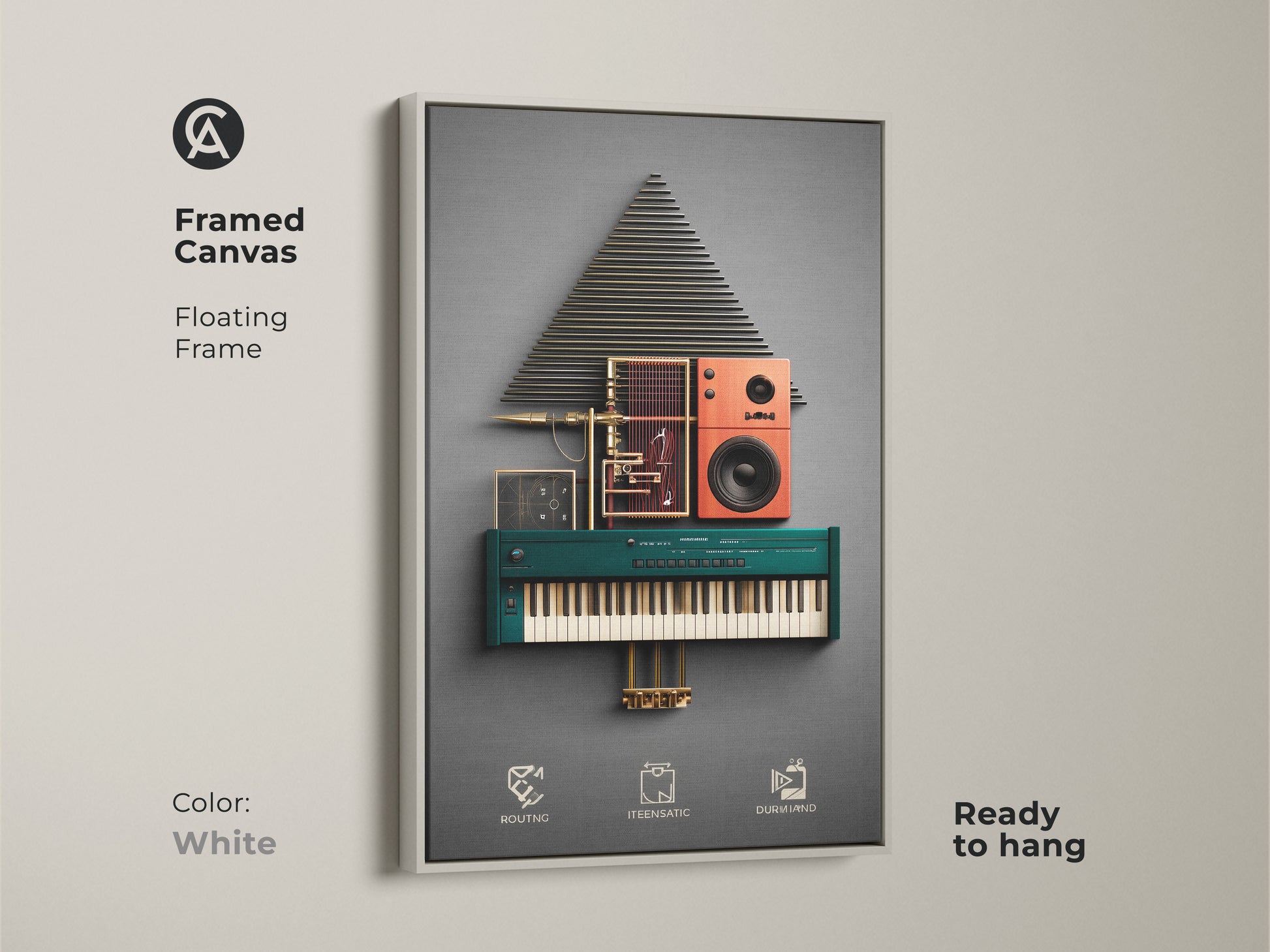 White framed canvas print of abstract music tech synthesizer art.  Geometric speaker art with teal orange and gold. Ideal for modern electronic art decor. This unique tech gift will enhance any music room or studio.