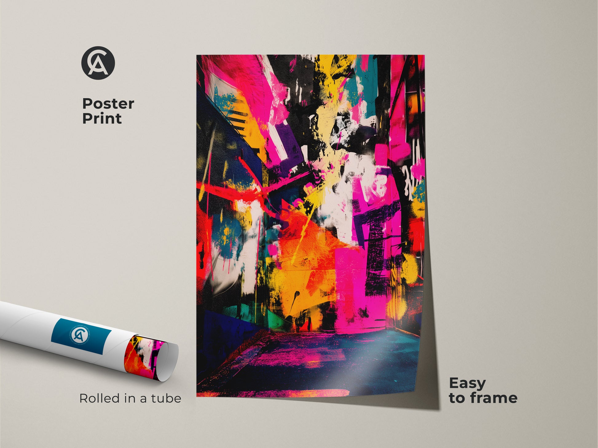 Abstract artwork printed as a poster. This museum-quality paper print features a colorful abstract painting. The poster is rolled in a tube for easy framing. The art showcases bright colors like pink yellow and blue. Get ready to frame and display this modern art print. Perfect for art lovers.