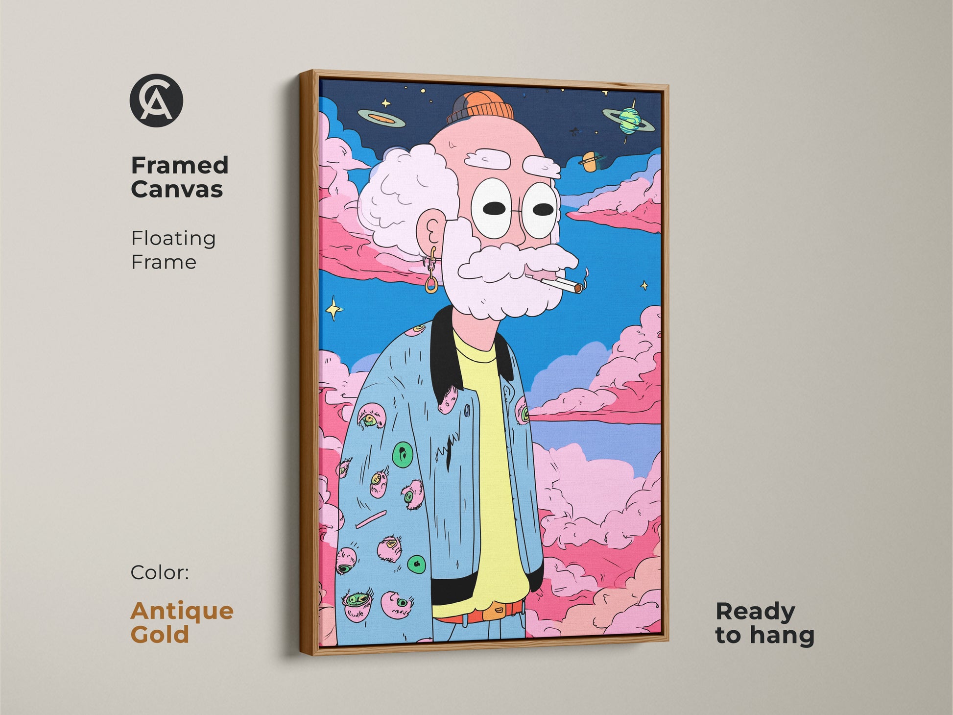 Framed canvas art featuring a cartoon drawing of an old man smoking. The floating frame is antique gold and the artwork is ready to hang. This fun art print adds a unique touch to your home decor.