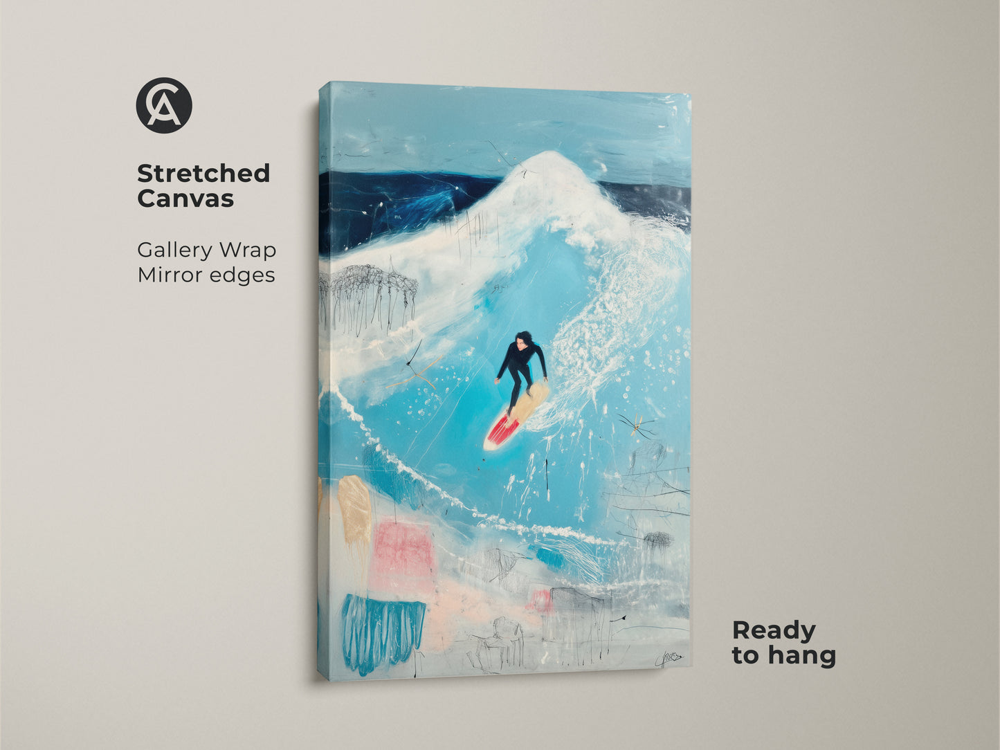 A stretched canvas displays abstract ocean wave artwork. The vivid blue ocean art has gallery wrapped mirror edges. This coastal bedroom decor art is ready to hang. Perfect for adding a surf-inspired touch to your space.