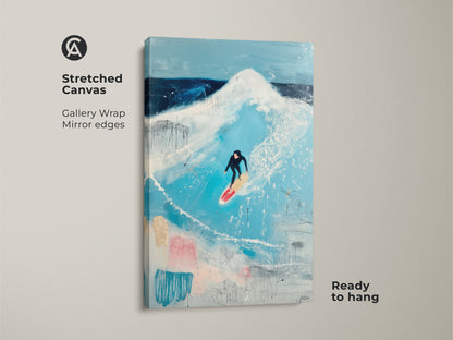 A stretched canvas displays abstract ocean wave artwork. The vivid blue ocean art has gallery wrapped mirror edges. This coastal bedroom decor art is ready to hang. Perfect for adding a surf-inspired touch to your space.