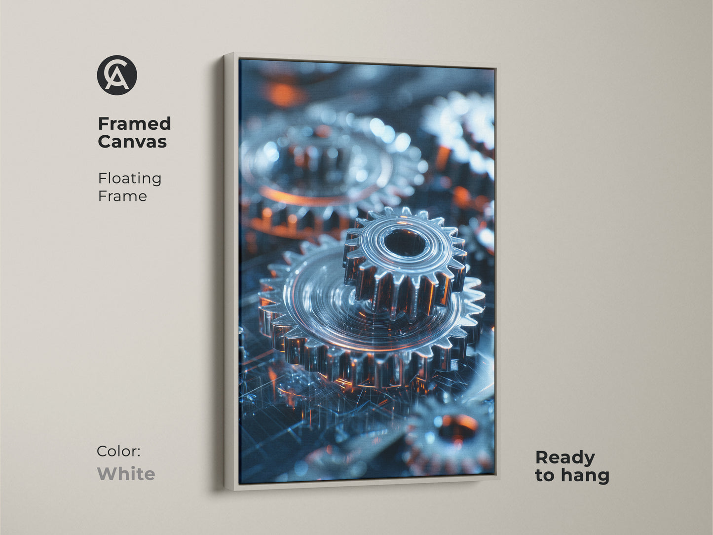 Elevate your space with this framed canvas art. The print features abstract machinery and industrial gears. The floating frame in white enhances the futuristic tech aesthetic in metallic silver and orange. Ready to hang for easy installation.