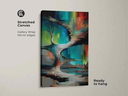 Stretched canvas print of a surreal tree landscape. This green blue teal wall art features a gallery wrap with mirror edges. Ready to hang for eclectic bedroom decor. Modern surrealism art for your home.